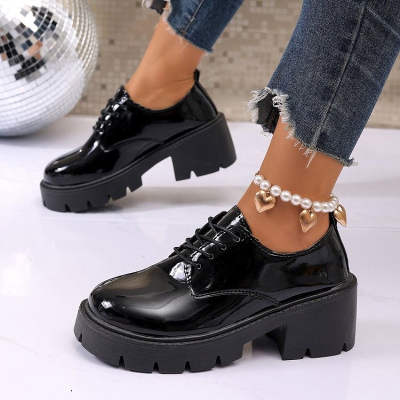 Oxford Lace Up Women - Zapatos Planos de Plataforma Negros para